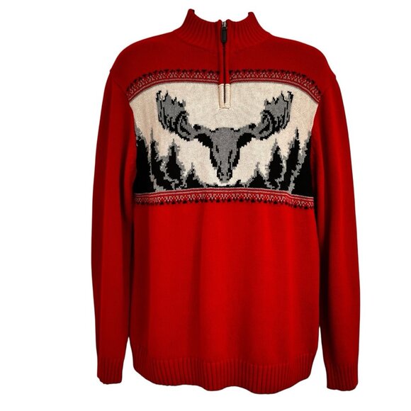 Chaps Ralph Lauren Men 1/4 Zip Moose Sweater Mock Neck Red Black L Cabincore - Picture 2 of 14